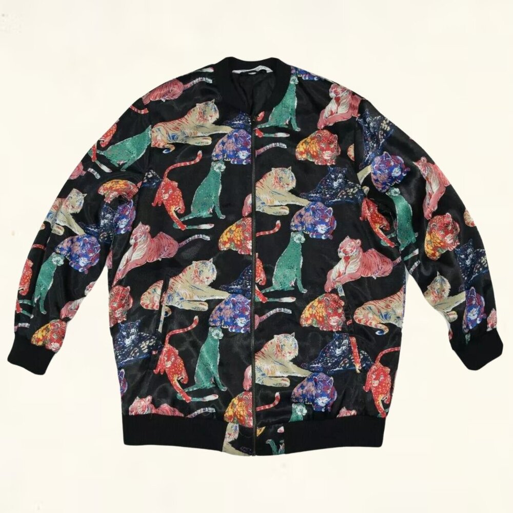 Zara Women's Oversized Multicolor Tiger Bomber Jacket - Size S